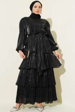 Belted Tiered Evening Dress Black