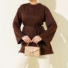 Wide Sleeve Tie Belt Tunic Brown