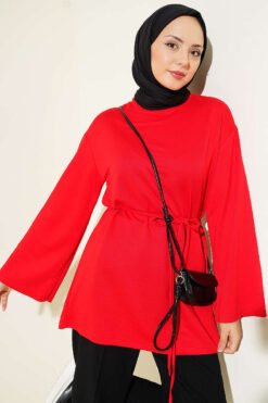 Wide Sleeve Tie Belt Tunic Red