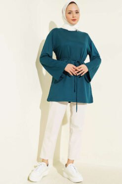 Wide Sleeve Tie Belt Tunic Petrol