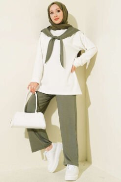 Shoulder Scarf Detailed Two-Piece Set Khaki