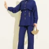 Metal Buttoned Belted Two-Piece Set Navy Blue