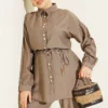 Metal Buttoned Belted Two-Piece Set Mink - immagine 2