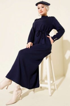 Laced Dress with Metal Button Embellishments Navy Blue