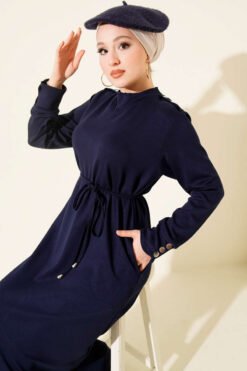 منظر بديل لـ Laced Dress with Metal Button Embellishments Navy Blue