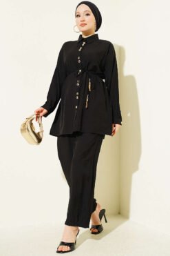 Metal Buttoned Belted Two-Piece Set Black