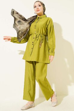 Metal Buttoned Belted Two-Piece Set