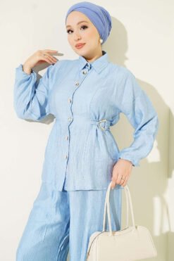 Alternatieve weergave van Belted Two-Piece Set with Metal Buckle Blue