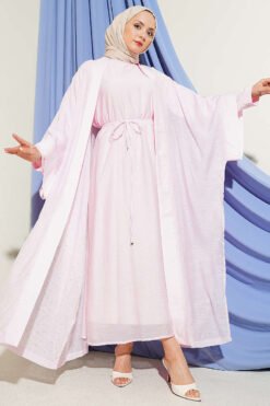 Mini Stone Embellished Abaya Set Pink