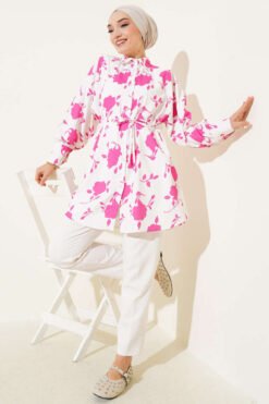 Vista alternativa de Shirt with Tie Belt and Mini Leaf Pattern Fuchsia