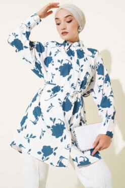 Shirt with Tie Belt and Mini Leaf Pattern Petrol