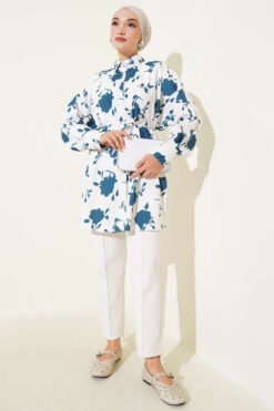 Vista alternativa de Shirt with Tie Belt and Mini Leaf Pattern Petrol