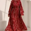 Patterned Belted Wide Sleeve Dress Red