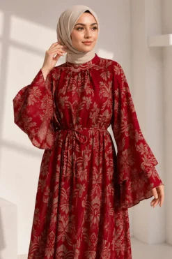 Alternative Ansicht von Patterned Belted Wide Sleeve Dress Red