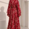 Patterned Belted Wide Sleeve Dress Red – Bild 4