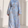 Patterned Belted Wide Sleeve Dress Blue