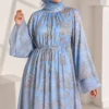 Patterned Belted Wide Sleeve Dress Blue - immagine 2