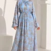 Patterned Belted Wide Sleeve Dress Blue - immagine 3