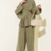 Front Pleated String Tied Modal Two-Piece Set Khaki