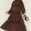 Lace Detailed Skirted Two-Piece Set Brown