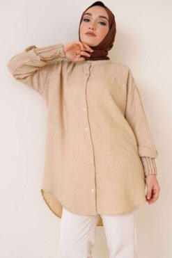 Ribbed Detail Oversized Shirt Beige