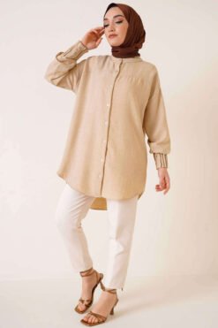 Vista alternativa de Ribbed Detail Oversized Shirt Beige