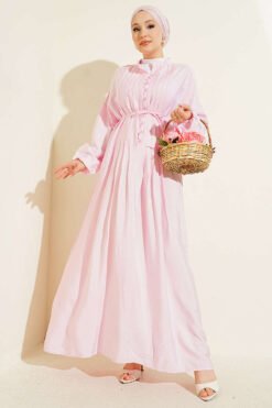 Ribbed Half Brit Button Dress Pink