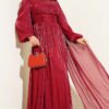 Shoulder Floral Stone Evening Dress Burgundy