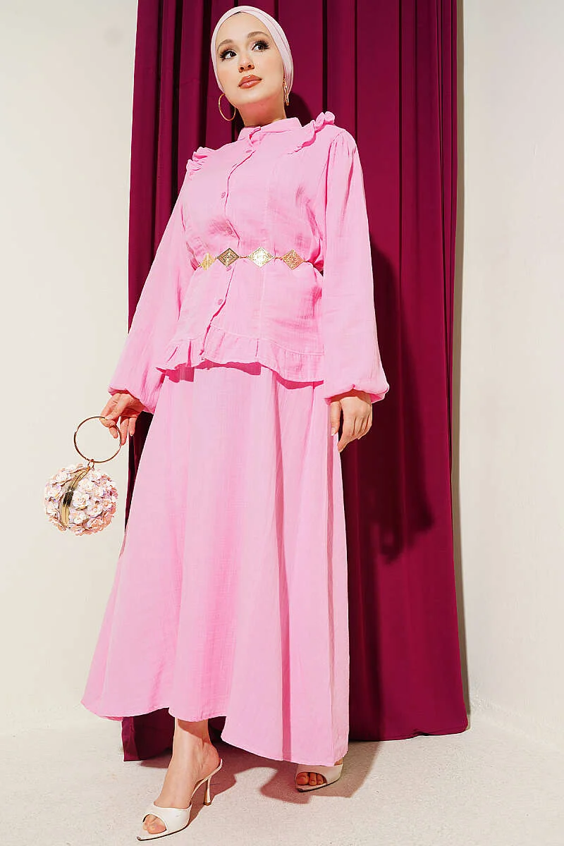Ruffled Shoulder Muslin Skirt Two-Piece Set Pink