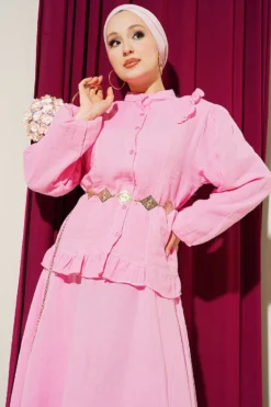 Alternative view of Ruffled Shoulder Muslin Skirt Two-Piece Set Pink