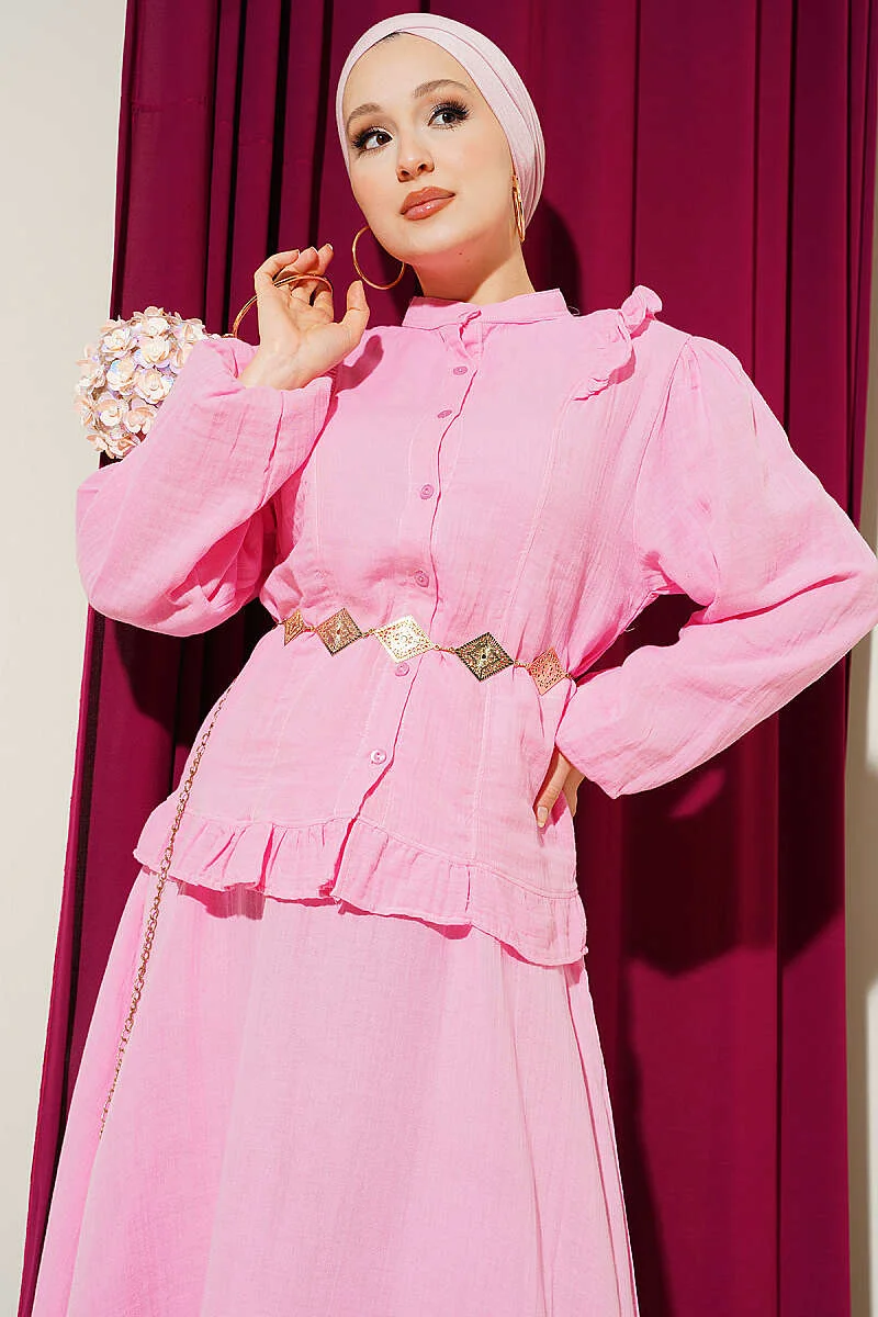 Ruffled Shoulder Muslin Skirt Two-Piece Set Pink - Image 2