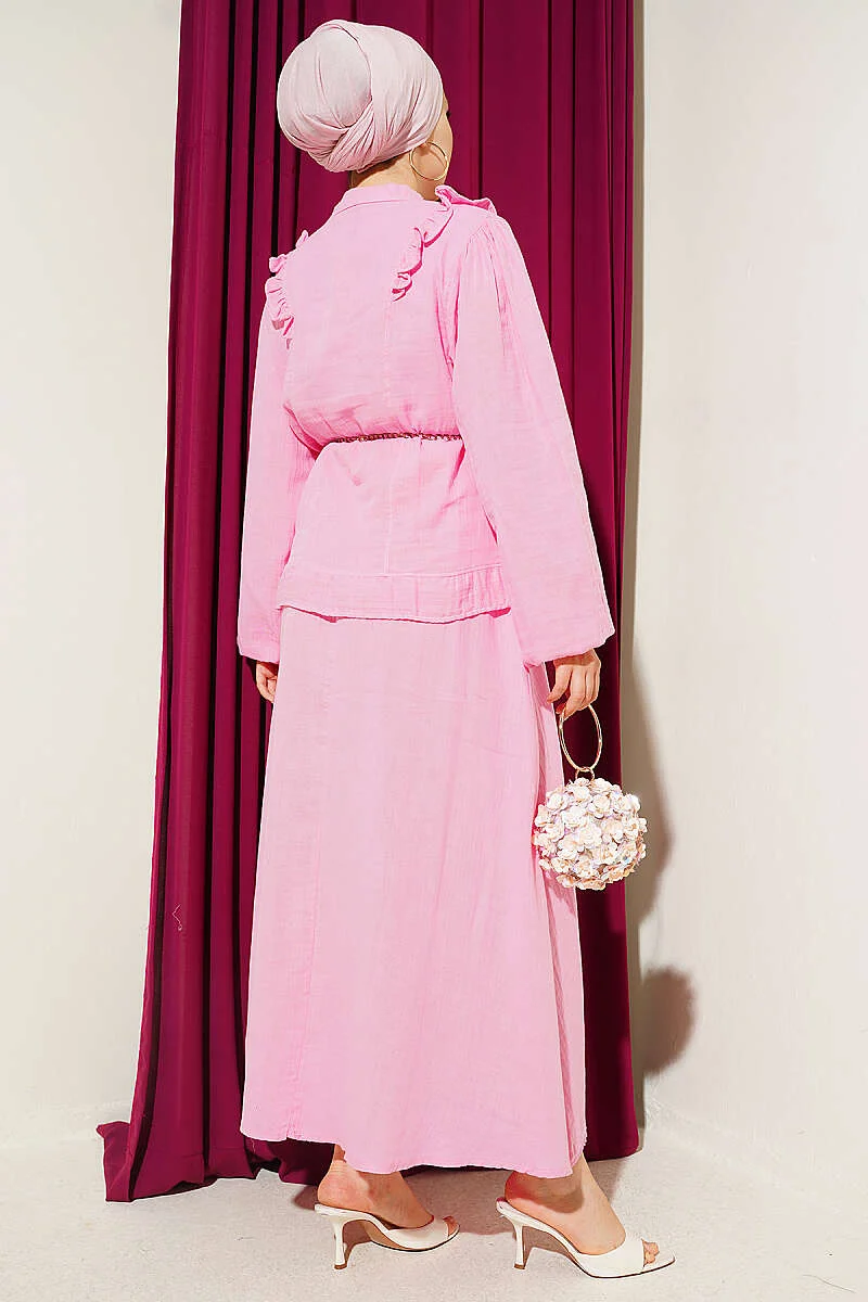 Ruffled Shoulder Muslin Skirt Two-Piece Set Pink - Image 3