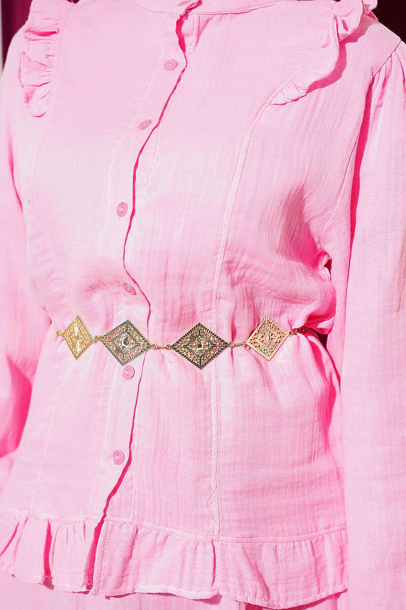 Ruffled Shoulder Muslin Skirt Two-Piece Set Pink - Image 4