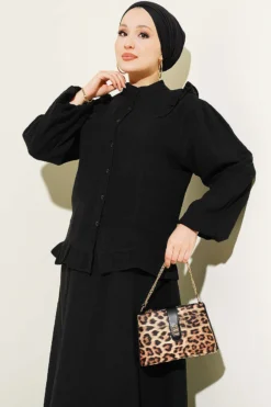 Alternative view of Ruffled Shoulder Muslin Skirt Two-Piece Set Black