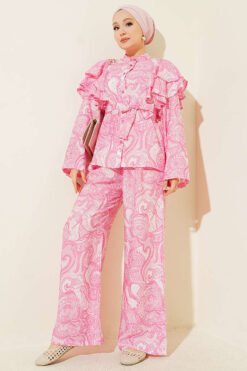 Ruffled Shoulder Belted Patterned Two-Piece Set Pink