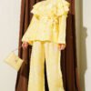 Ruffled Shoulder Belted Patterned Two-Piece Set Yellow