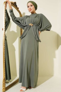 Shoulder Panel Waist Elastic Sandy Dress Khaki