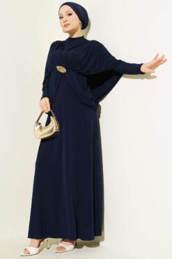 Shoulder Panel Waist Elastic Sandy Dress Navy Blue