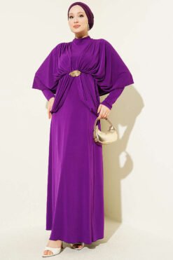 Shoulder Panel Waist Elastic Sandy Dress Purple