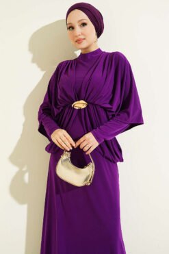 Vista alternativa di Shoulder Panel Waist Elastic Sandy Dress Purple
