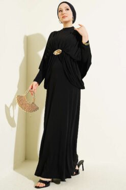 Shoulder Panel Waist Elastic Sandy Dress Black