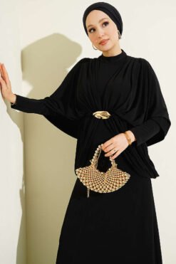 Vista alternativa di Shoulder Panel Waist Elastic Sandy Dress Black