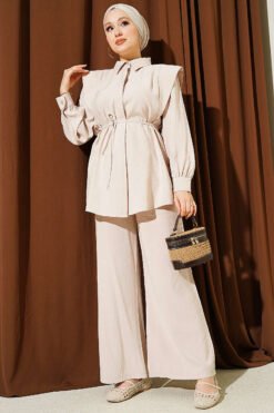 Shoulder Panel Tie Belt Tencel Two-Piece Set Beige