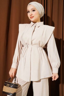 Vue alternative de Shoulder Panel Tie Belt Tencel Two-Piece Set Beige