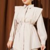 Shoulder Panel Tie Belt Tencel Two-Piece Set Beige - Imagen 2