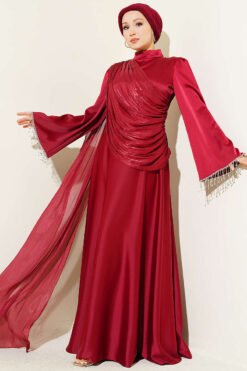 Shoulder Cape Ankle Beaded Evening Dress Burgundy
