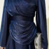 Shoulder Cape Ankle Beaded Evening Dress Navy Blue wholesale dress view 4 - Hicabistan Turkey factory