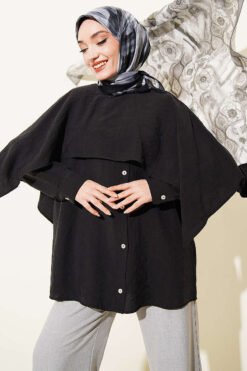 Shoulder Cape Button Detail Tunic Black