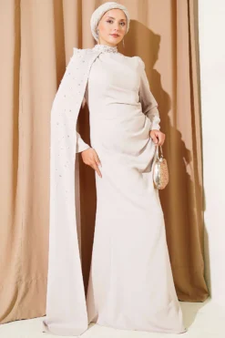 Shoulder Cape Pearl Evening Dress Beige
