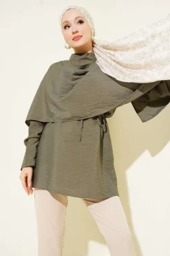 Shoulder Cape Tunic with Tie Belt Khaki